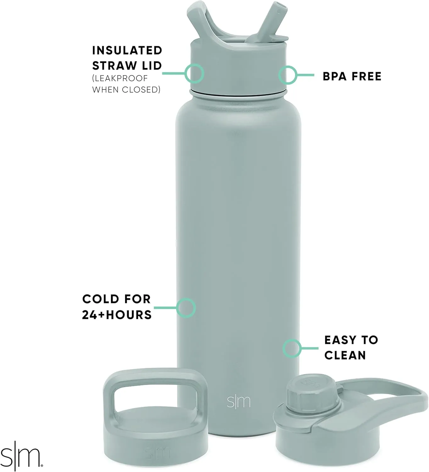 Simple Modern Water Bottle with Straw, Handle, and Chug Lid Vacuum Insulated Stainless Steel Thermos Bottles | Large Leak Proof BPA-Free Sports Flask | Summit Collection | 40oz, Sea Glass Sage
