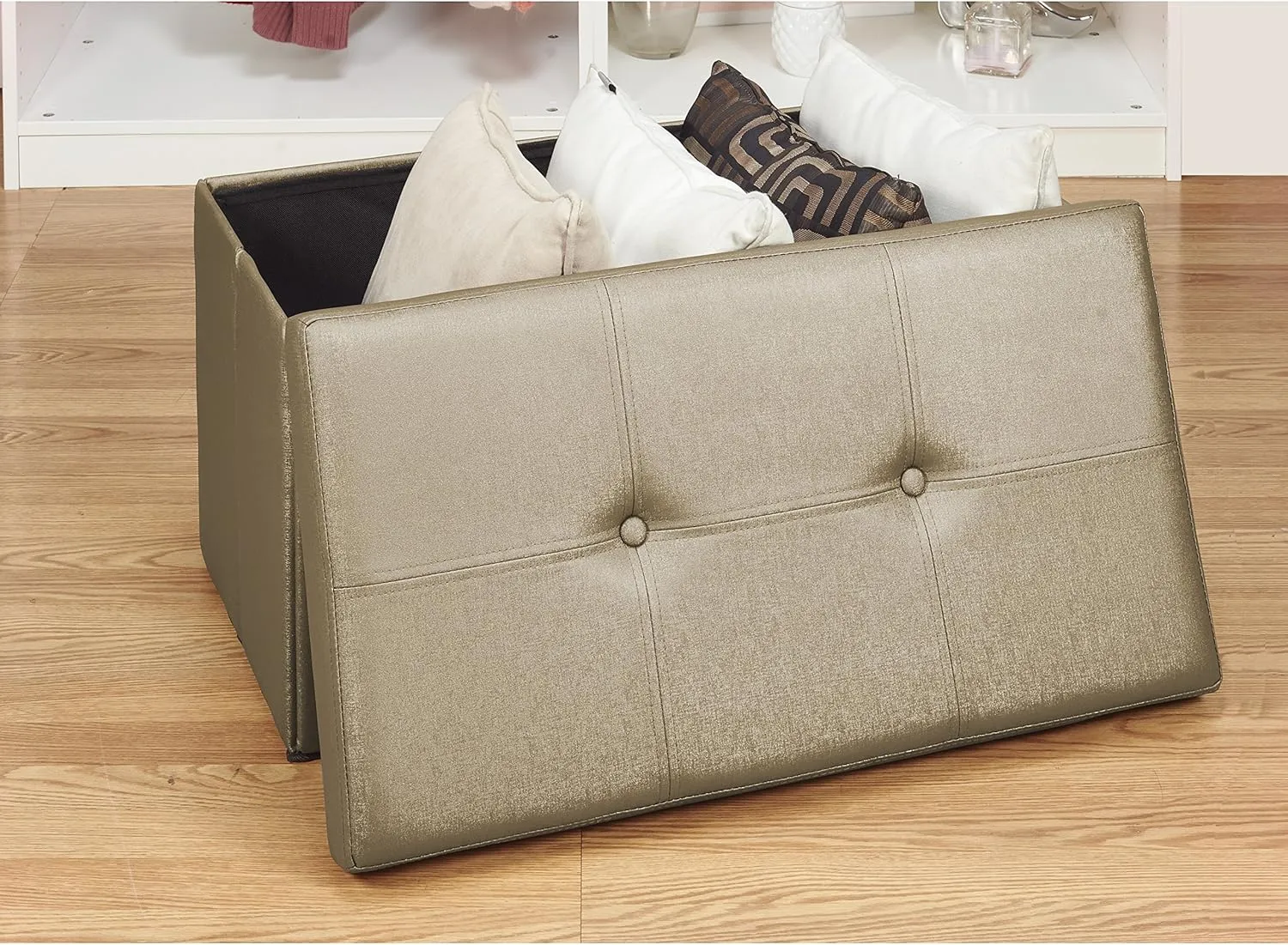 Simplify Faux Leather Folding Storage Ottoman | Double | Collapsible | Tufted Padded Seating | Foot Rest | Bench | Metallic Bronze