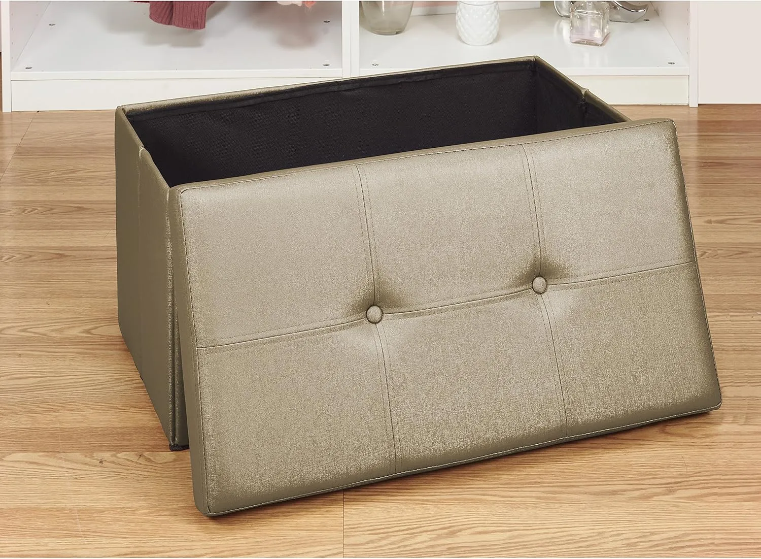 Simplify Faux Leather Folding Storage Ottoman | Double | Collapsible | Tufted Padded Seating | Foot Rest | Bench | Metallic Bronze