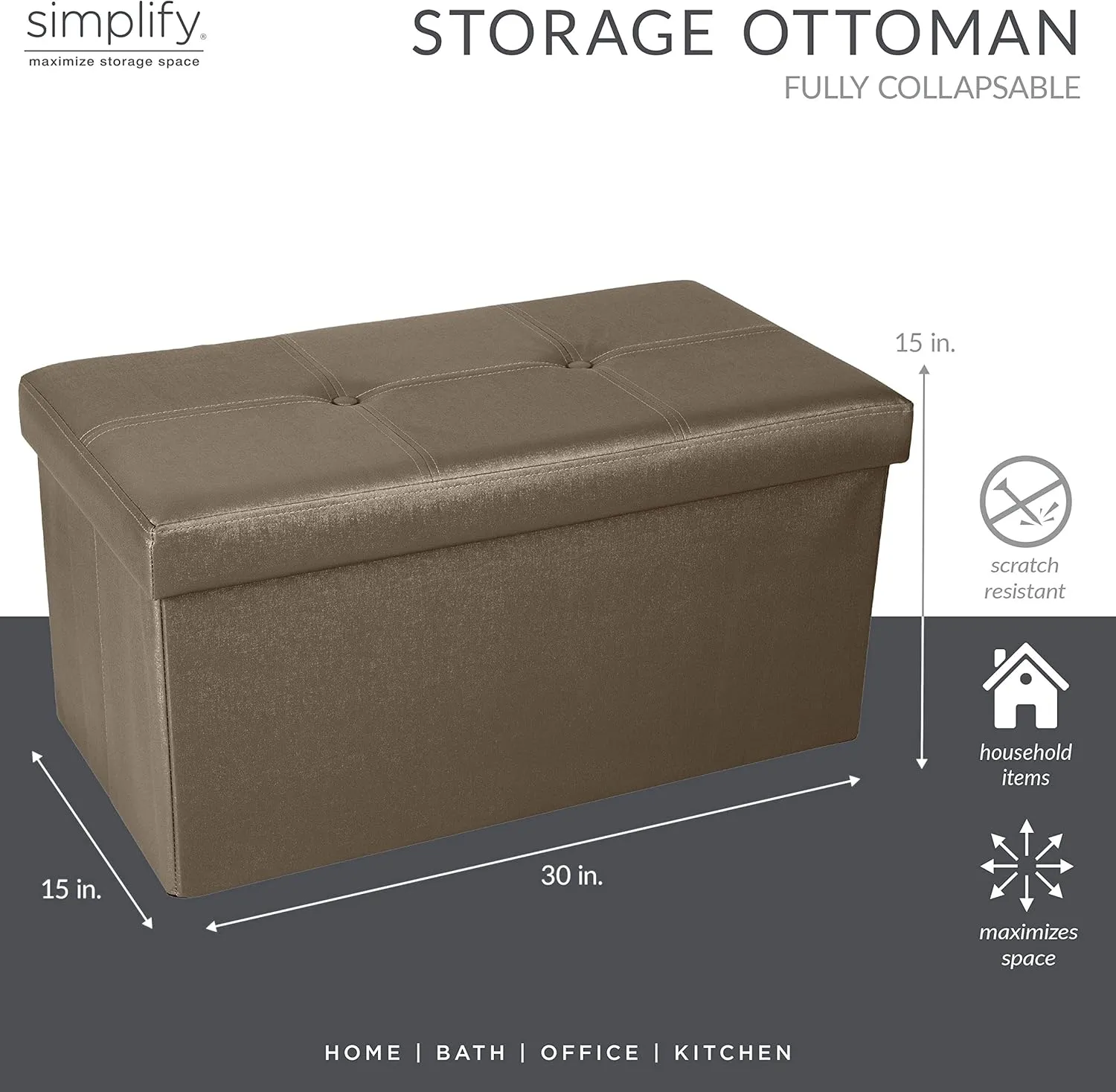 Simplify Faux Leather Folding Storage Ottoman | Double | Collapsible | Tufted Padded Seating | Foot Rest | Bench | Metallic Bronze