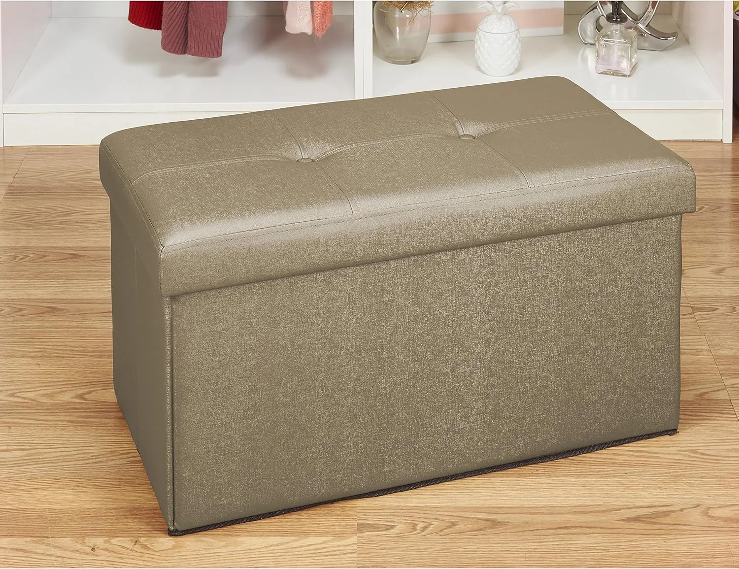 Simplify Faux Leather Folding Storage Ottoman | Double | Collapsible | Tufted Padded Seating | Foot Rest | Bench | Metallic Bronze