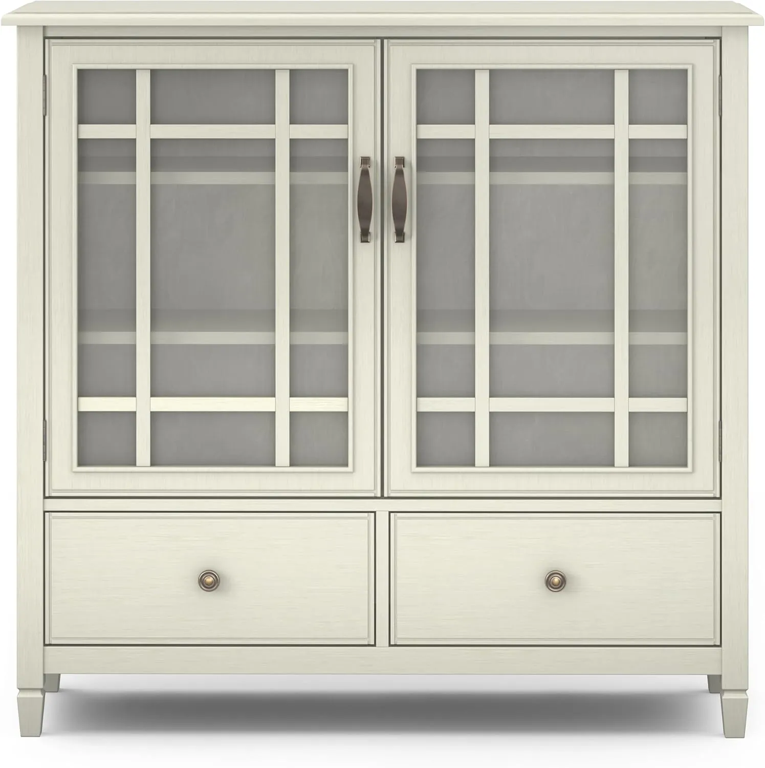 SIMPLIHOME Connaught SOLID WOOD 46 inch Wide Traditional Tall Storage Cabinet in Antique White for the Living Room, Entryway and Family Room