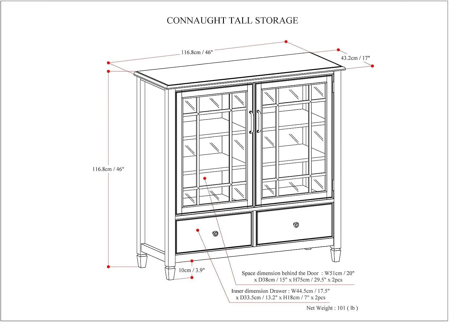SIMPLIHOME Connaught SOLID WOOD 46 inch Wide Traditional Tall Storage Cabinet in Antique White for the Living Room, Entryway and Family Room