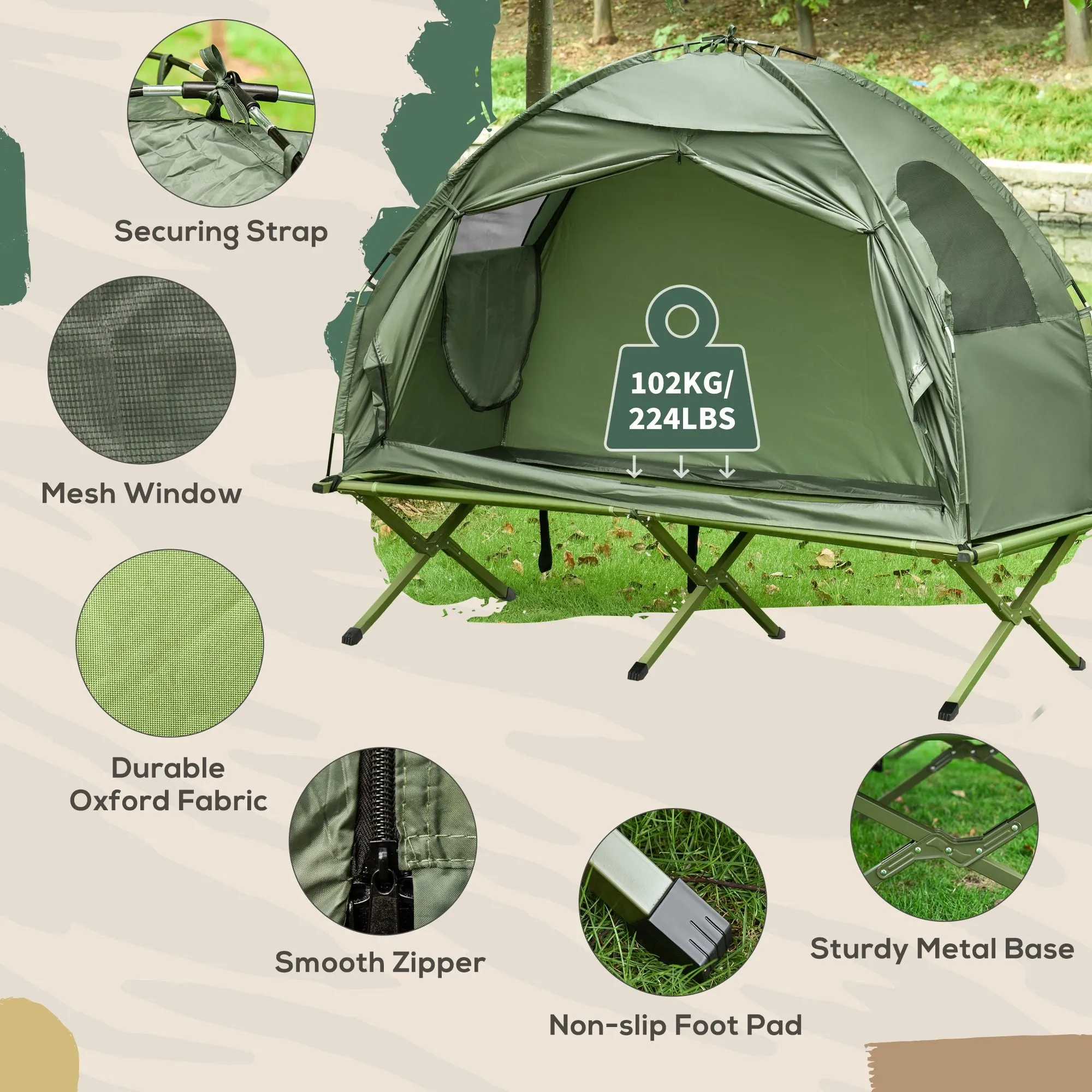 Single Bed Bag Folding Tent Outsunny Outdoor Door-to-door service Hiking, Person Covered with Off-Ground Camping Tent, Cot Camping for Carry Cot, Economical Combo,