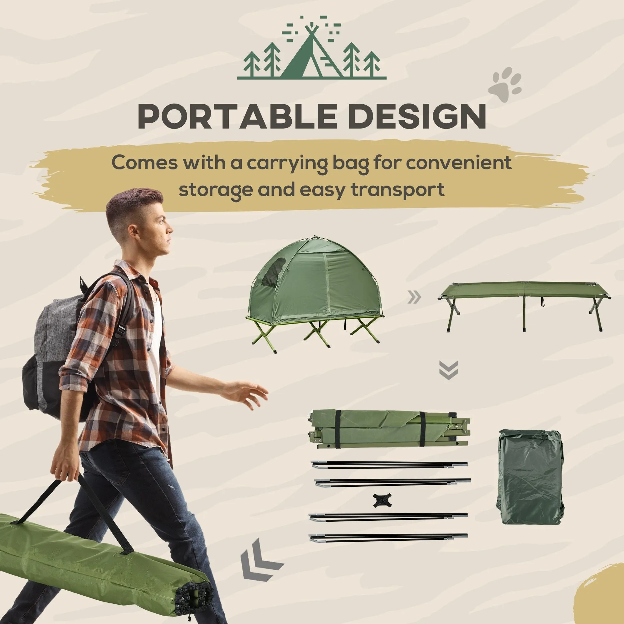 Single Bed Bag Folding Tent Outsunny Outdoor Door-to-door service Hiking, Person Covered with Off-Ground Camping Tent, Cot Camping for Carry Cot, Economical Combo,