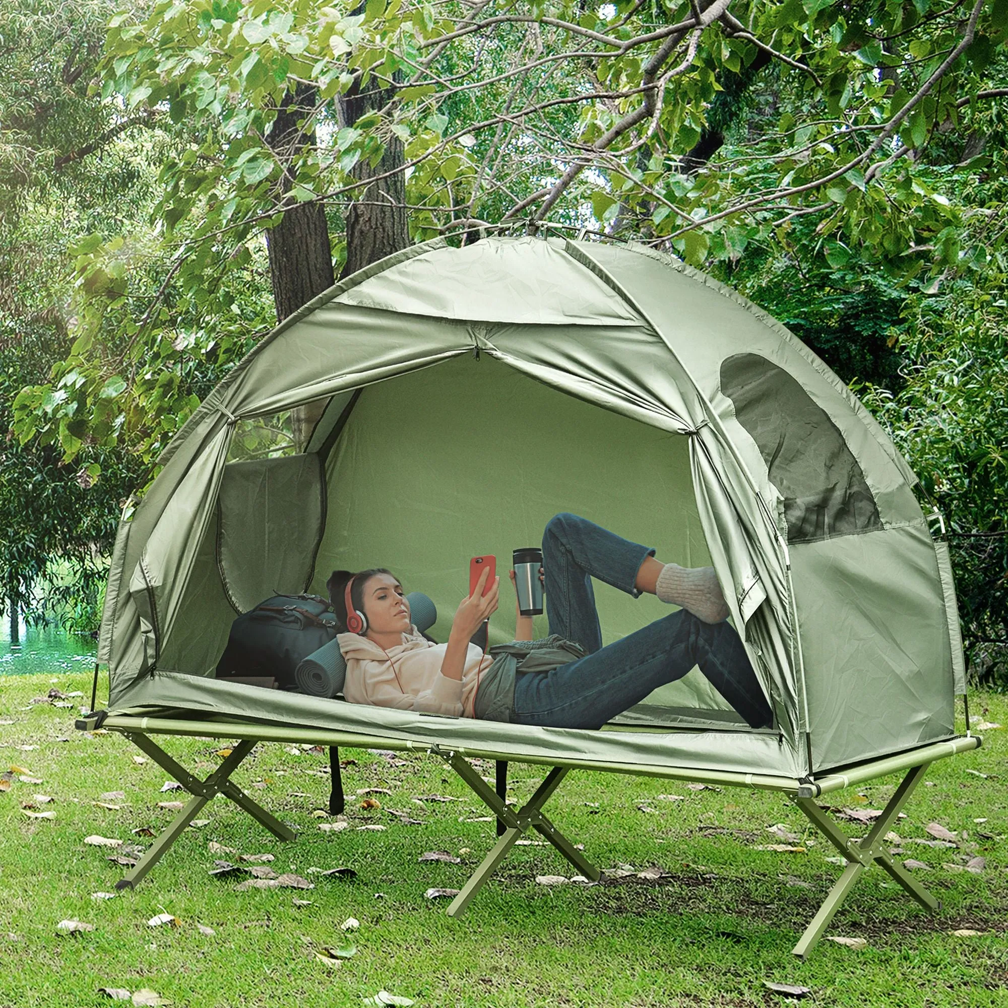 Single Bed Bag Folding Tent Outsunny Outdoor Door-to-door service Hiking, Person Covered with Off-Ground Camping Tent, Cot Camping for Carry Cot, Economical Combo,