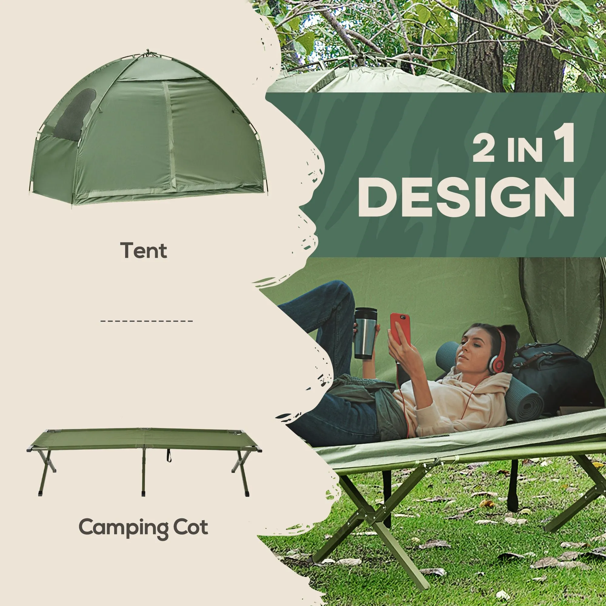 Single Bed Bag Folding Tent Outsunny Outdoor Door-to-door service Hiking, Person Covered with Off-Ground Camping Tent, Cot Camping for Carry Cot, Economical Combo,