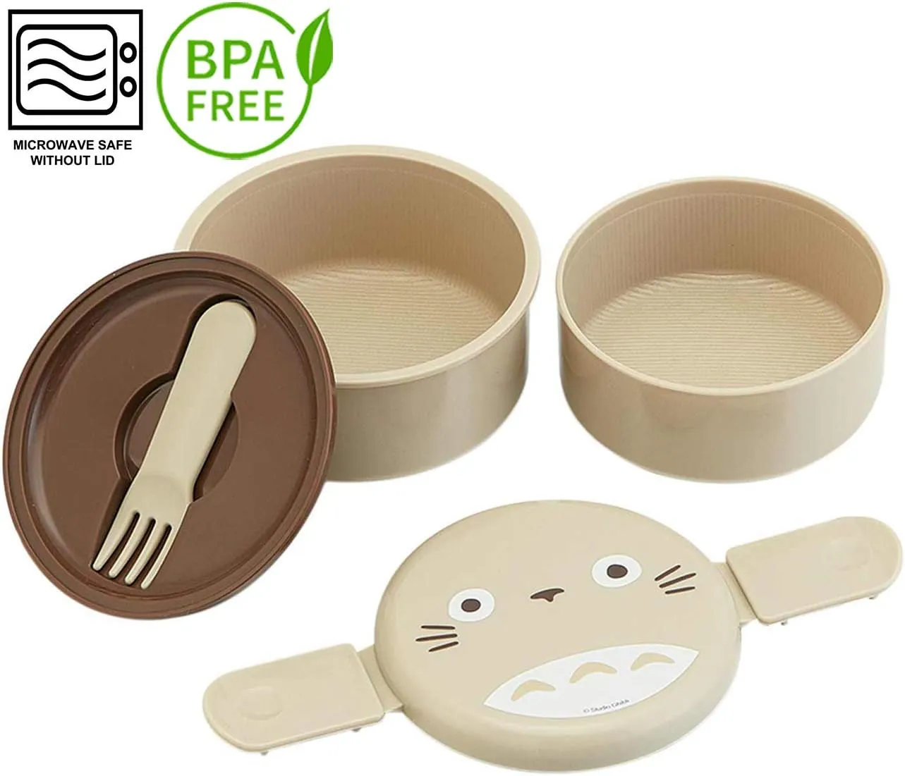 Skater My Neighbor Totoro 2 Tier Round Bento Lunch Box with Folk (17oz) - Authentic Japanese Design - Microwave Safe - Brown
