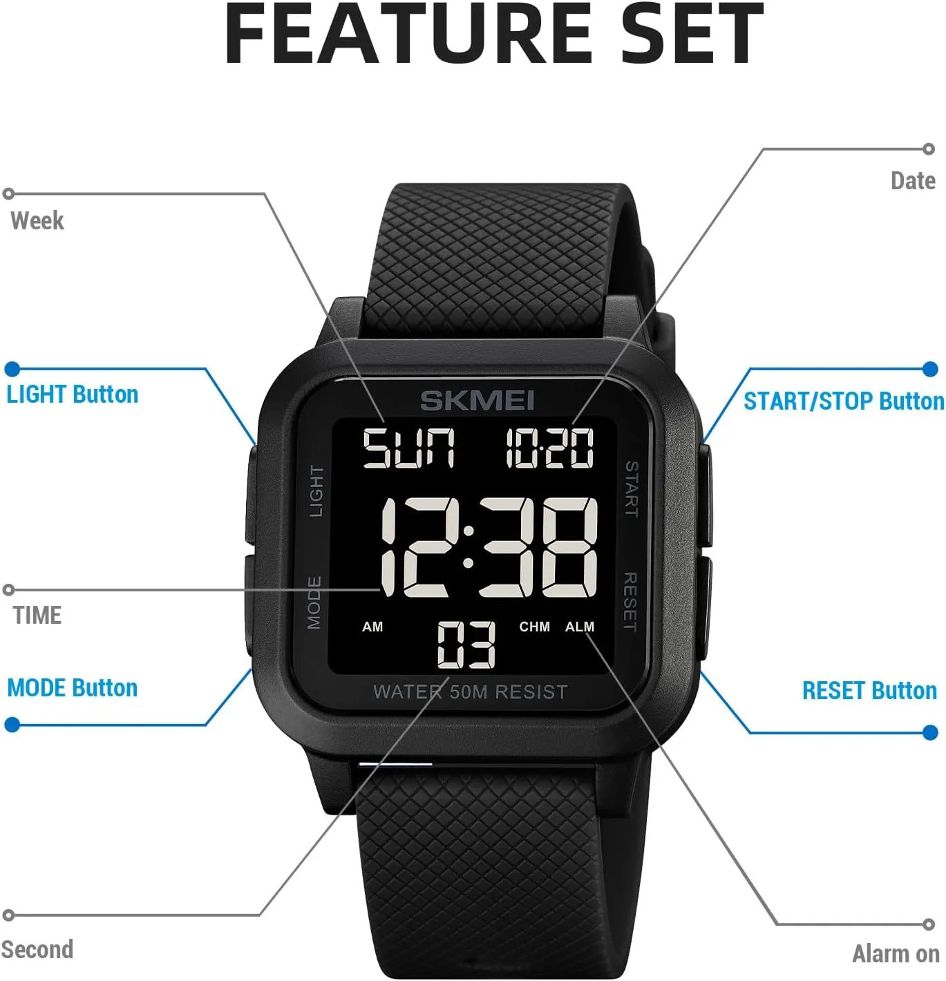 SKMEI Digital Sports Mens Watches 5ATM Waterproof Wrist Watches for Men with Stopwatch Countdown Timer Alarm Function Dual Time Large Face Easy to Read