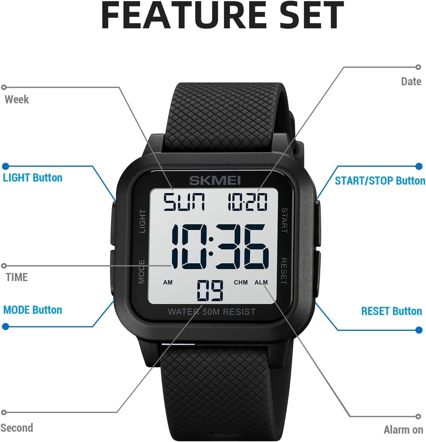 SKMEI Digital Sports Mens Watches 5ATM Waterproof Wrist Watches for Men with Stopwatch Countdown Timer Alarm Function Dual Time Large Face Easy to Read