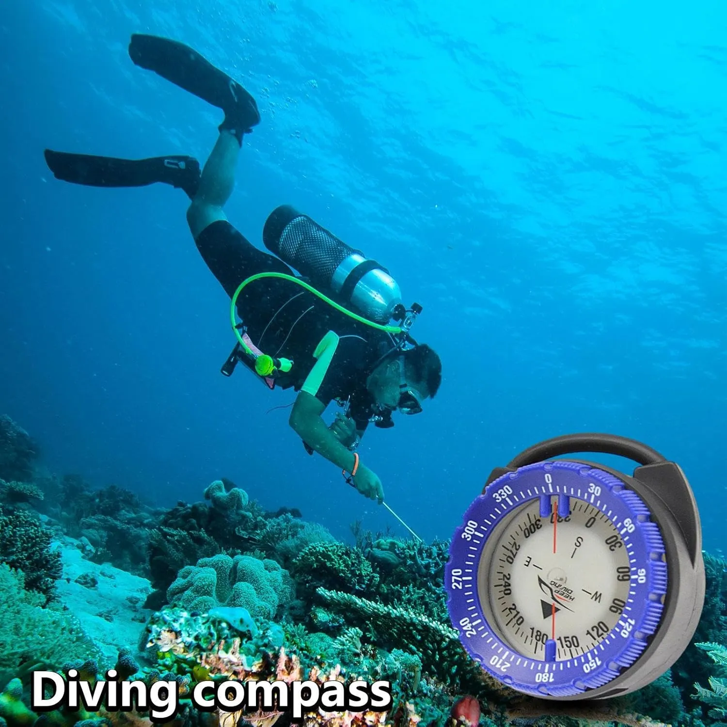 Small Compass - Magnetic Diving Compass, Compass Hose Mount | Small Pipe Clamp Diving Compass, 50m Magnetic Lightweight Glowing Compass with Side Window for Water Sports, Camping, Hiking, Kayak