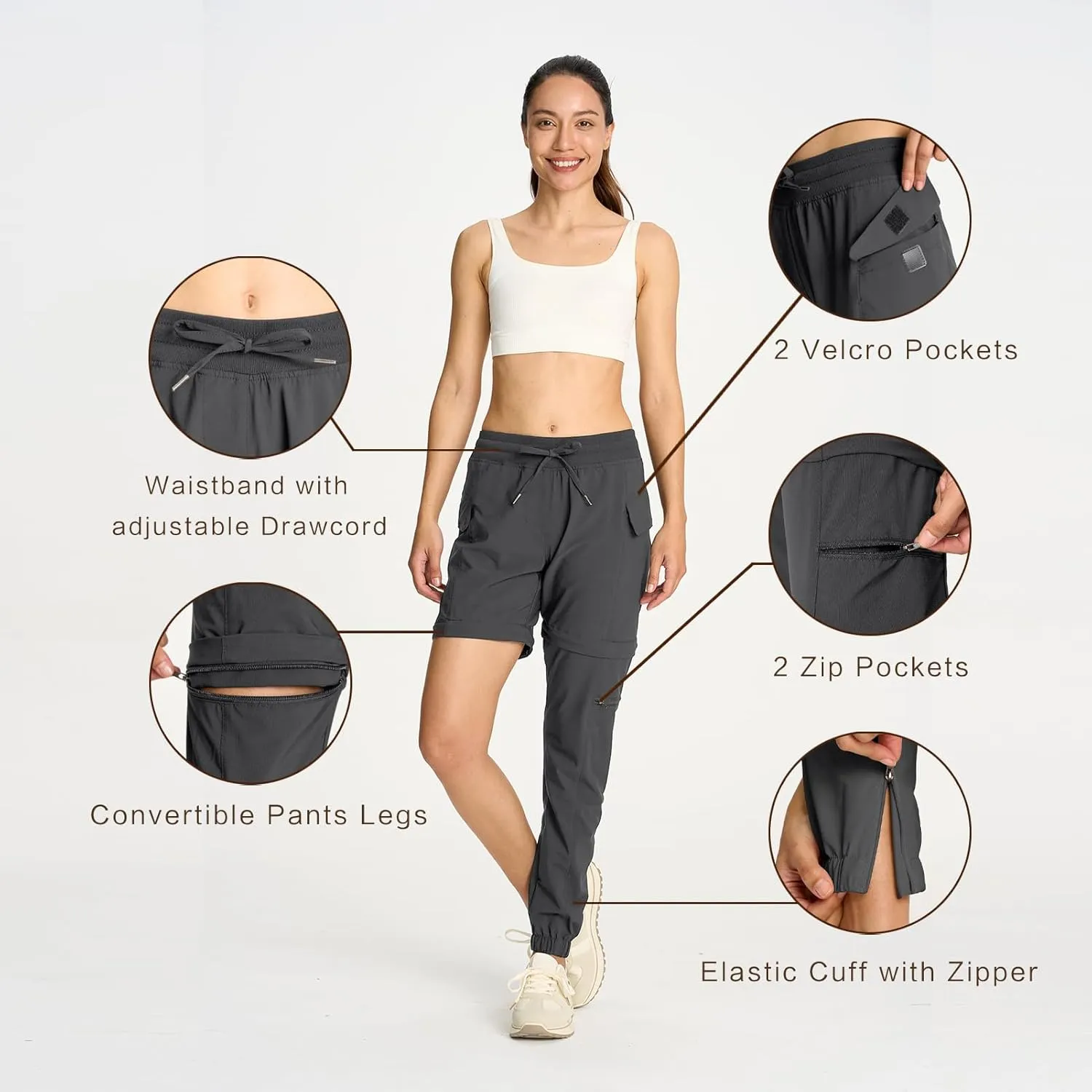 smawell Women's Hiking Pants Convertible Lightweight Zip-Off Outdoor Pants Quick Dry Joggers with Pocket