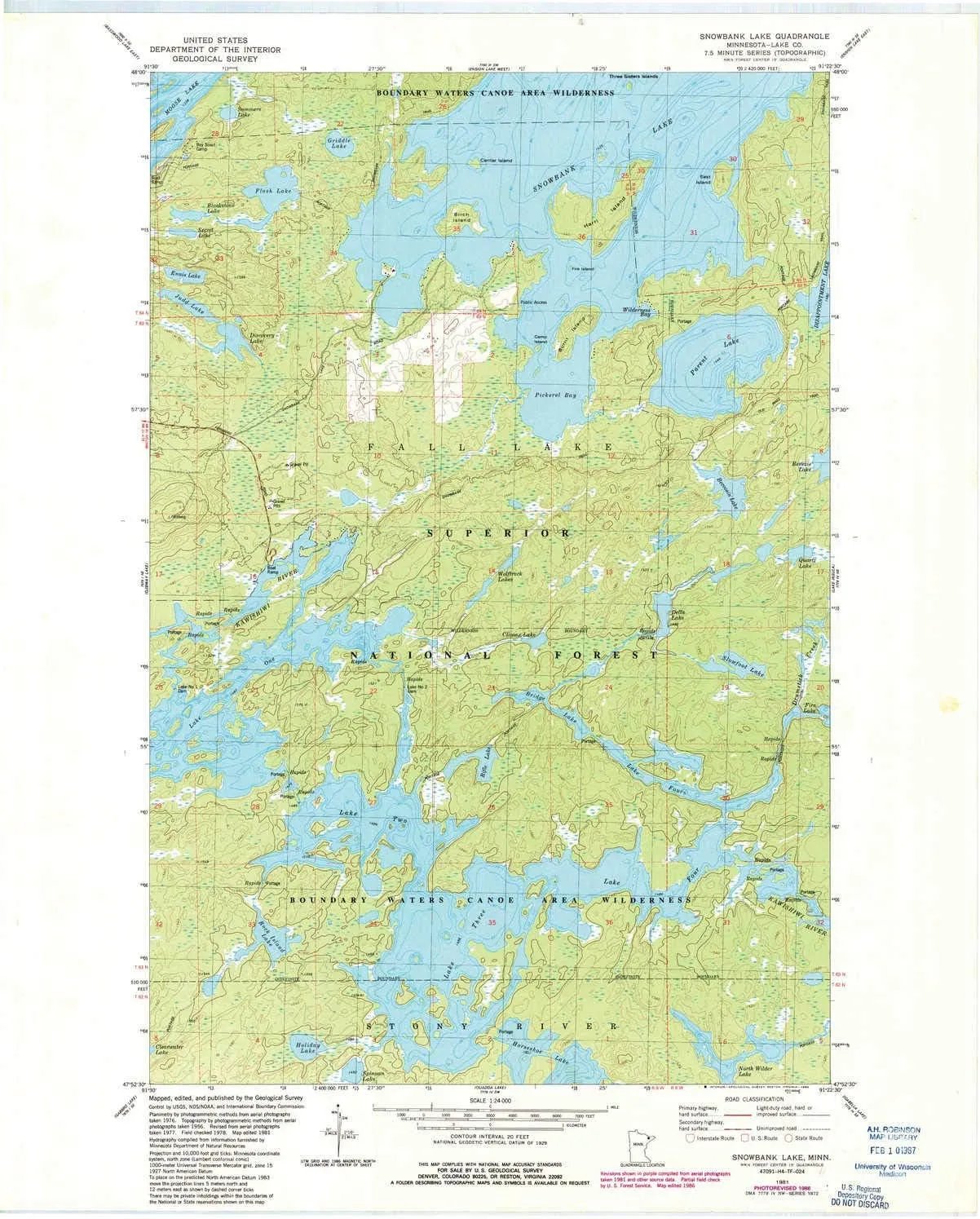 Snowbank Lake MN topo map, 1:24000 Scale, 7.5 X 7.5 Minute, Historical, 1981, Updated 1986, 27.23 x 21.53 in