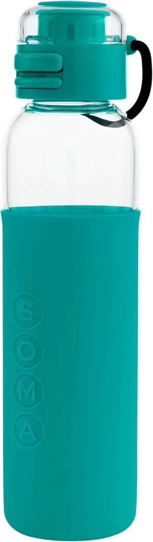 SOMA Glass Water Bottle with Silicone Sleeve, Sport Cap, 17-ounce, Aqua