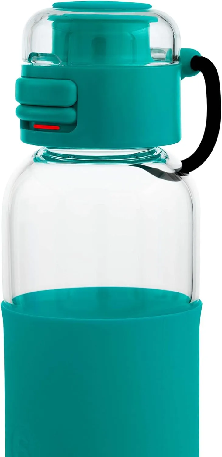SOMA Glass Water Bottle with Silicone Sleeve, Sport Cap, 17-ounce, Aqua