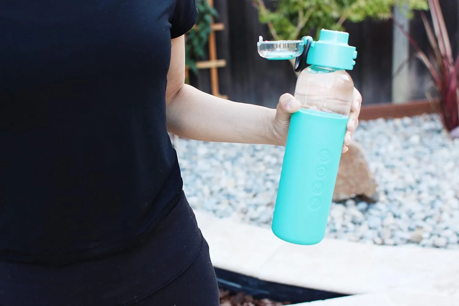 SOMA Glass Water Bottle with Silicone Sleeve, Sport Cap, 17-ounce, Aqua