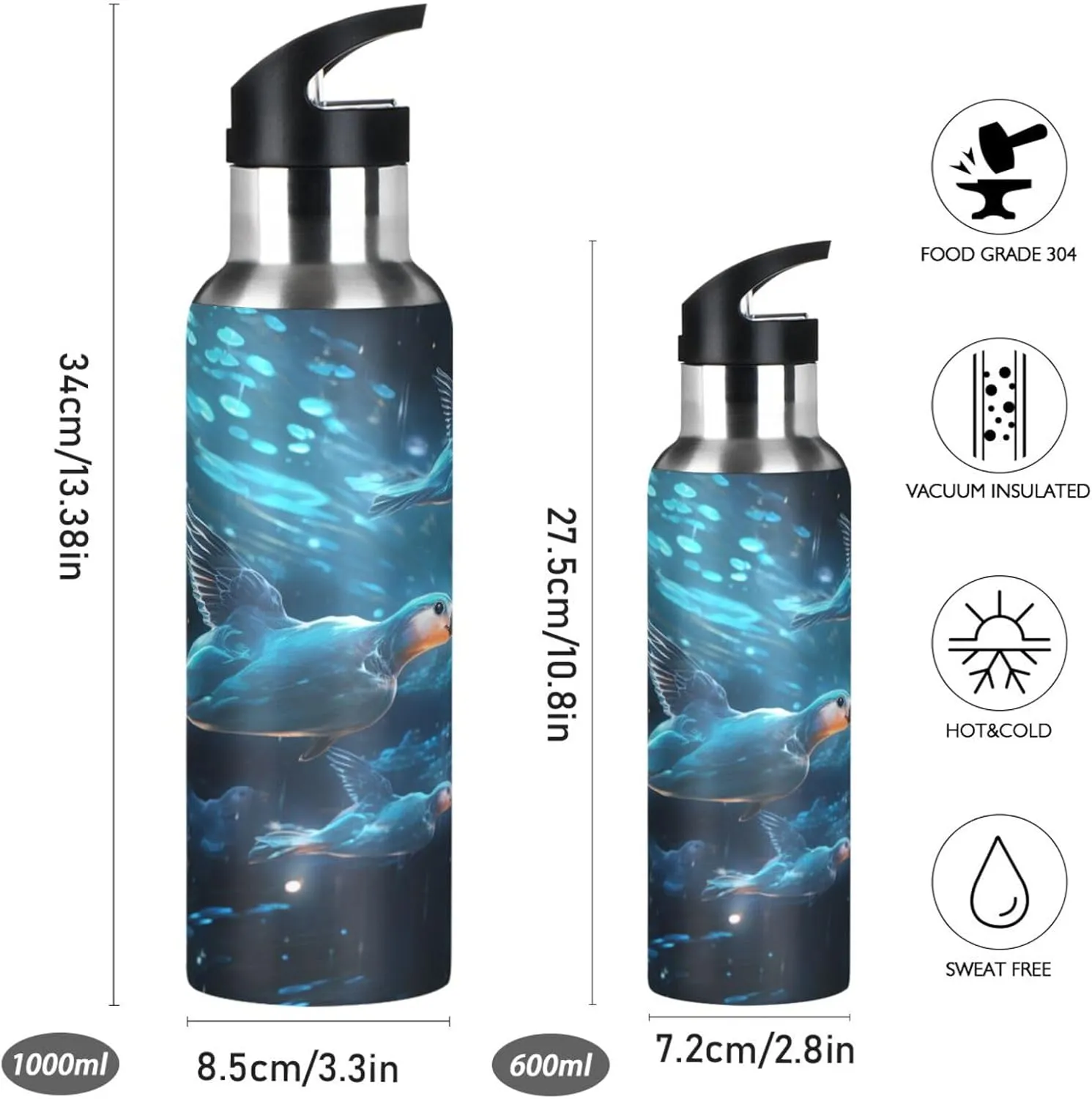 Space Flying Blue Platypuses Sport Water Bottle Insulated Stainless Steel Large Vacuum Flask Leak Proof Thermos with Straw for Travel(600ml/1000ml)