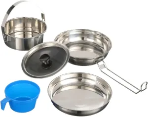 Space-Saving 5-Piece Camping Cookware Mess Kit, Stainless Steel and Plastic, Non-Stick and Durable