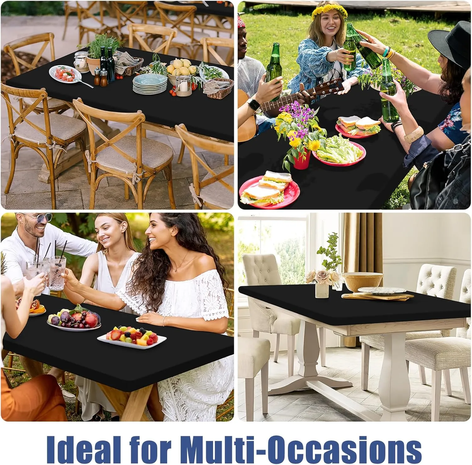Spandex Picnic Table Cloth 2 Pack, Elastic Fitted Tablecloths for 6 Foot Rectangle Tables, Stretch Washable Patio Table Cover for Outdoor, Camping, Banquet and Parties (Black, 30"x72")