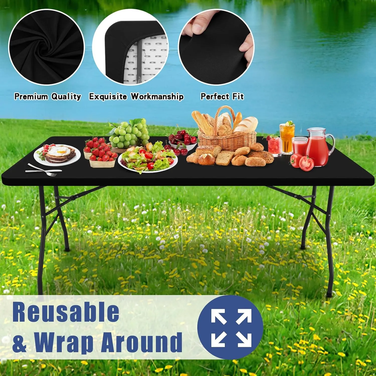 Spandex Picnic Table Cloth 2 Pack, Elastic Fitted Tablecloths for 6 Foot Rectangle Tables, Stretch Washable Patio Table Cover for Outdoor, Camping, Banquet and Parties (Black, 30"x72")
