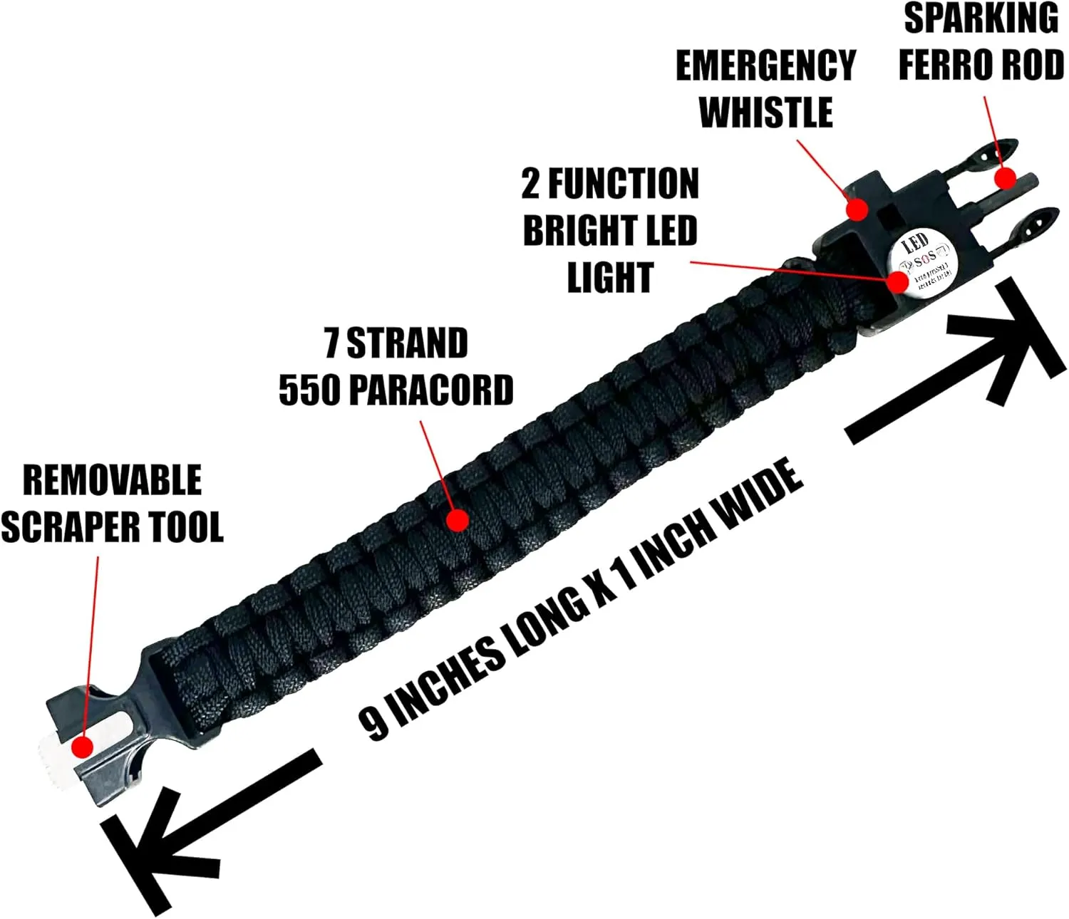 Spark and Shine Paracord Bracelet - Black - Bright LED SOS Light and Ferro Rod with Scraping Tool - Emergency Survival Whistle - 550 Paracord - Perfect Tool for The Outdoors (10)