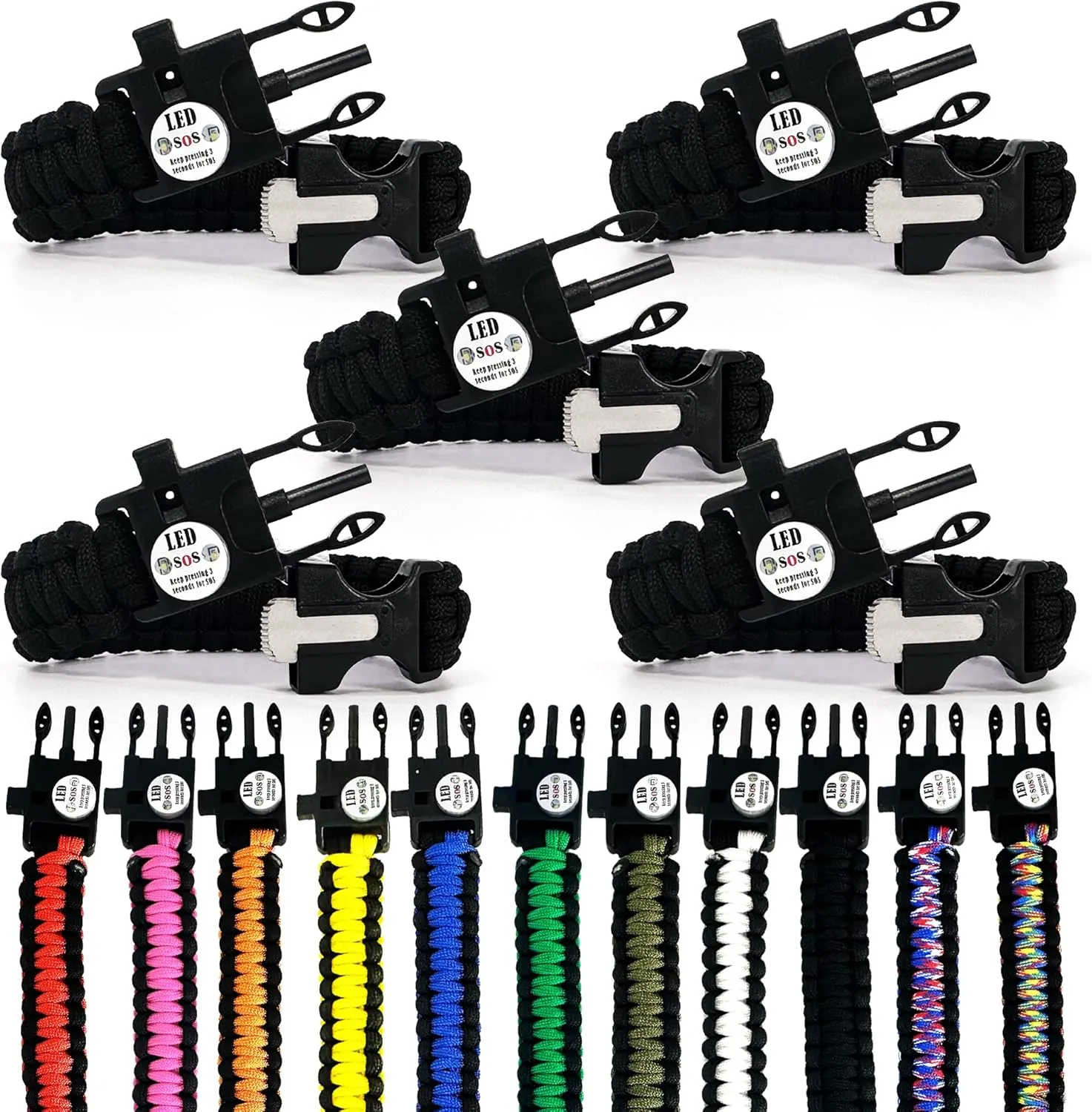 Spark and Shine Paracord Bracelet - Black - Bright LED SOS Light and Ferro Rod with Scraping Tool - Emergency Survival Whistle - 550 Paracord - Perfect Tool for The Outdoors (5)
