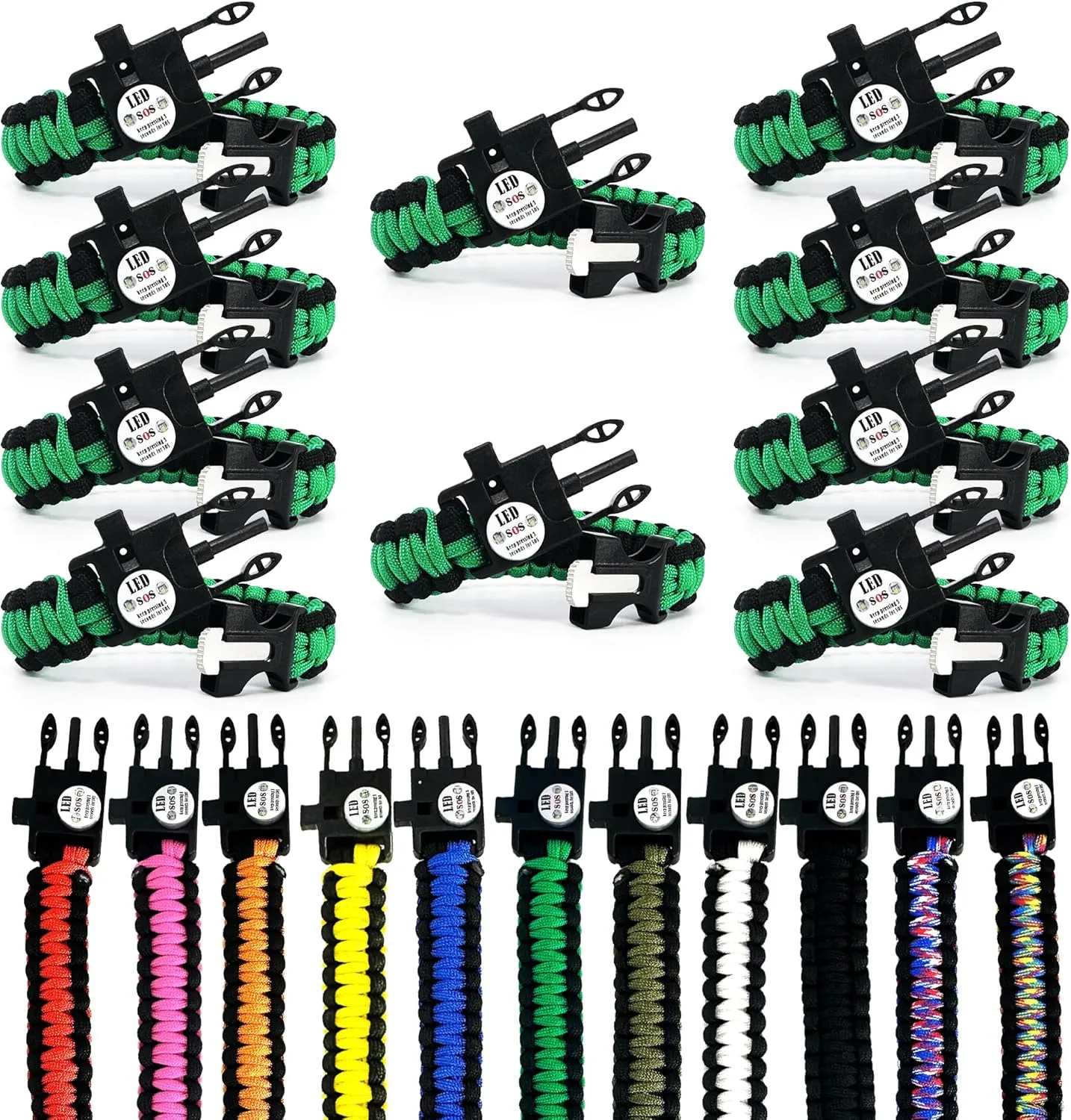 Spark and Shine Paracord Bracelet - Green Line - Bright LED SOS Light and Ferro Rod with Scraping Tool - Emergency Survival Whistle - 550 Paracord - Perfect Tool for The Outdoors (10)