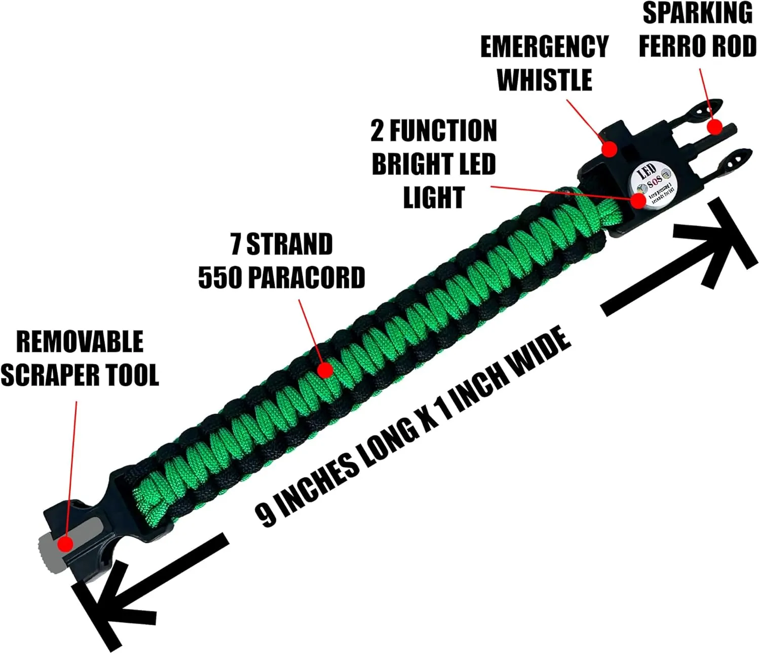Spark and Shine Paracord Bracelet - Green Line - Bright LED SOS Light and Ferro Rod with Scraping Tool - Emergency Survival Whistle - 550 Paracord - Perfect Tool for The Outdoors (10)