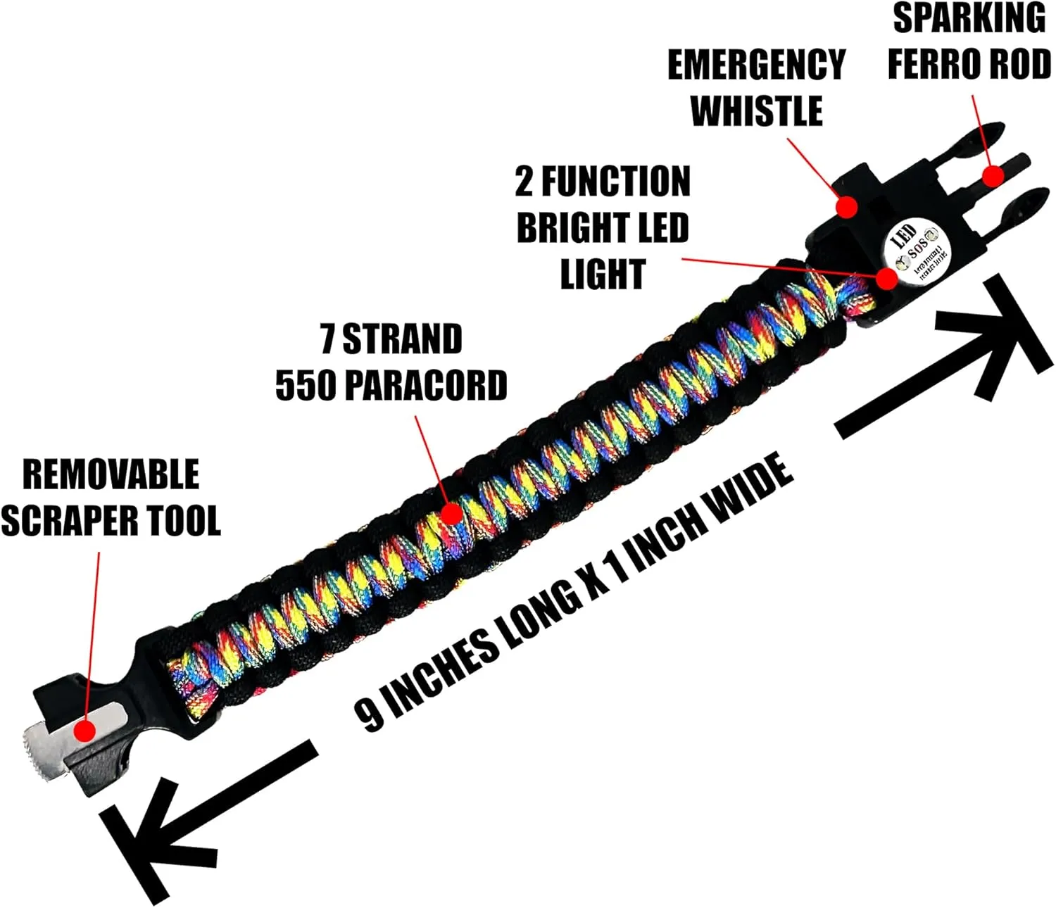 Spark and Shine Paracord Bracelet - Rainbow CAMO - Bright LED SOS Light and Ferro Rod with Scraping Tool - Emergency Survival Whistle - 550 Paracord - Perfect Tool for The Outdoors (5)