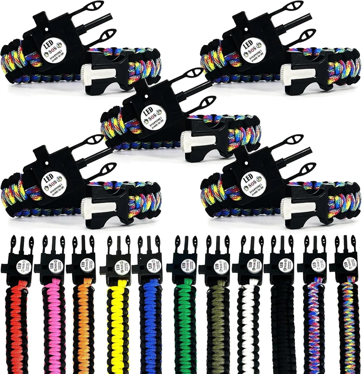 Spark and Shine Paracord Bracelet - Rainbow CAMO - Bright LED SOS Light and Ferro Rod with Scraping Tool - Emergency Survival Whistle - 550 Paracord - Perfect Tool for The Outdoors (5)