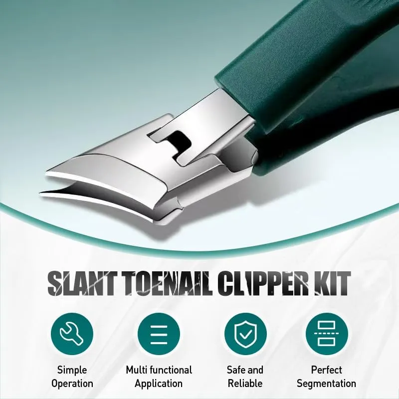Splashproof 25° Beveled Edge Nail Clippers 3-Piece Set, New Long Handle Wide Jaw Opening Anti-Splash Slanted Nail Clipper for Thick and Ingrown Nails,Includes Nail File for Complete Nail Care (Blue)
