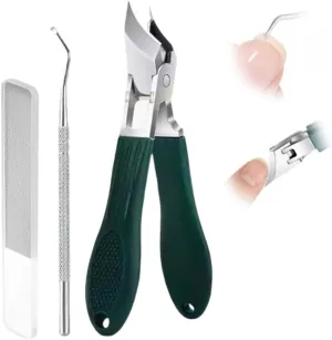 Splashproof 25° Beveled Edge Nail Clippers 3-Piece Set, New Long Handle Wide Jaw Opening Anti-Splash Slanted Nail Clipper for Thick and Ingrown Nails,Includes Nail File for Complete Nail Care (Green)