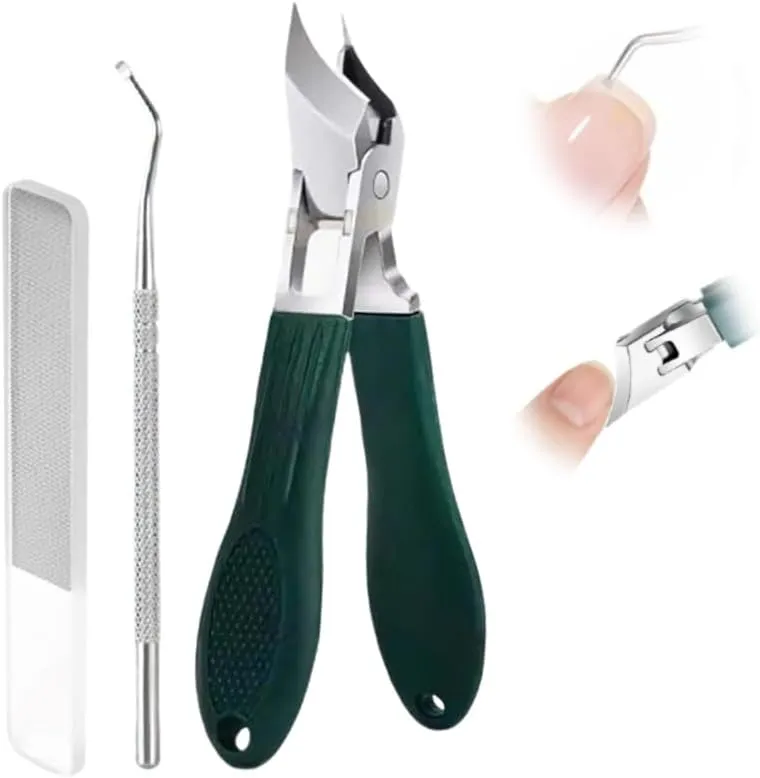 Splashproof 25° Beveled Edge Nail Clippers 3-Piece Set, New Long Handle Wide Jaw Opening Anti-Splash Slanted Nail Clipper for Thick and Ingrown Nails,Includes Nail File for Complete Nail Care (Green)