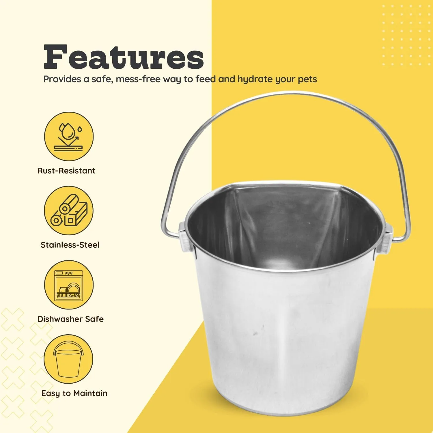 Stainless Steel 6Qt No Hook Flat Back Sided Pails - Dogs, Cats, Goats & Sheep Food Water Wall Hanging Bucket | Kennel, Fences, Cage, Critters & Crates |Multipurpose Pet Pail (1.5 Gallon)