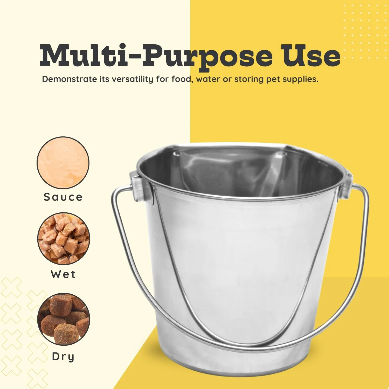 Stainless Steel 6Qt No Hook Flat Back Sided Pails - Dogs, Cats, Goats & Sheep Food Water Wall Hanging Bucket | Kennel, Fences, Cage, Critters & Crates |Multipurpose Pet Pail (1.5 Gallon)