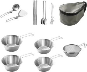 Stainless Steel Camping Tableware Kit with Bowls Strainer Spatula Spoon Chopsticks Storage Bag for Hiking Picnic