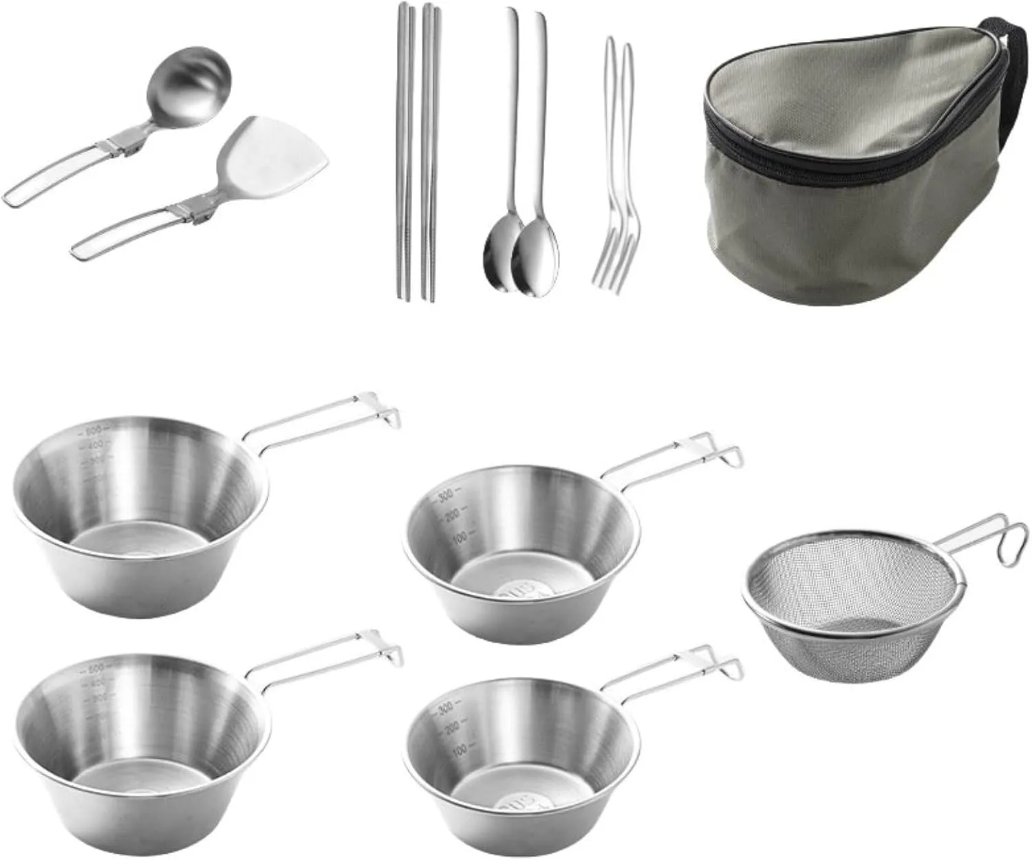 Stainless Steel Camping Tableware Kit with Bowls Strainer Spatula Spoon Chopsticks Storage Bag for Hiking Picnic