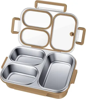 Stainless Steel Lunch Box for Kids & Adults - 25 oz - Leakproof 3 Compartment Metal Lunch Container - 18/8 Stainless Steel Bento Box - Ideal for School, Office & Outdoor - Dishwasher Safe (Khaki)
