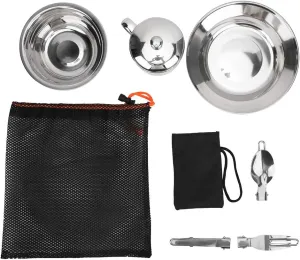 Stainless Steel Outdoor Tableware Set, Portable Single Person Cookware, Camping Mess Kit, Camping Plates Cups and Bowls Set, Suitable for Camping, Picnic and Hiking