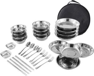 Stainless Steel Plates and Bowls Camping Set Small and Large Dinnerware for Kids, Adults, Camping Family, Hiking, Beach