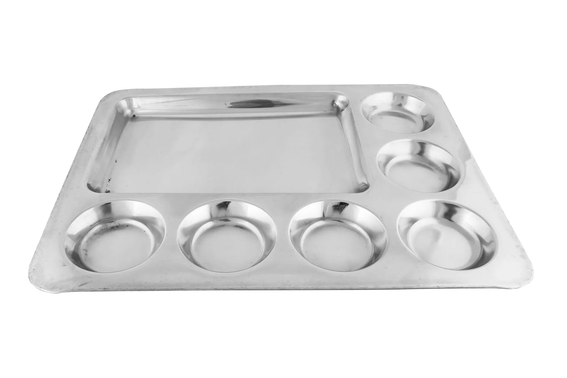 Stainless Steel Rectangular Thali or Mess Tray, 7 Compartments, 16.5"