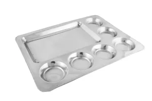 Stainless Steel Rectangular Thali or Mess Tray, 7 Compartments, 16.5"
