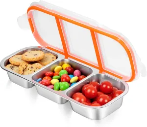 Stainless Steel Snack Containers - Reusable 3 Compartment Condiment Box with Lids for Kids Adults, Grab and Go Divided Snack Food Storage Containers Sauce Cups for School, Travel