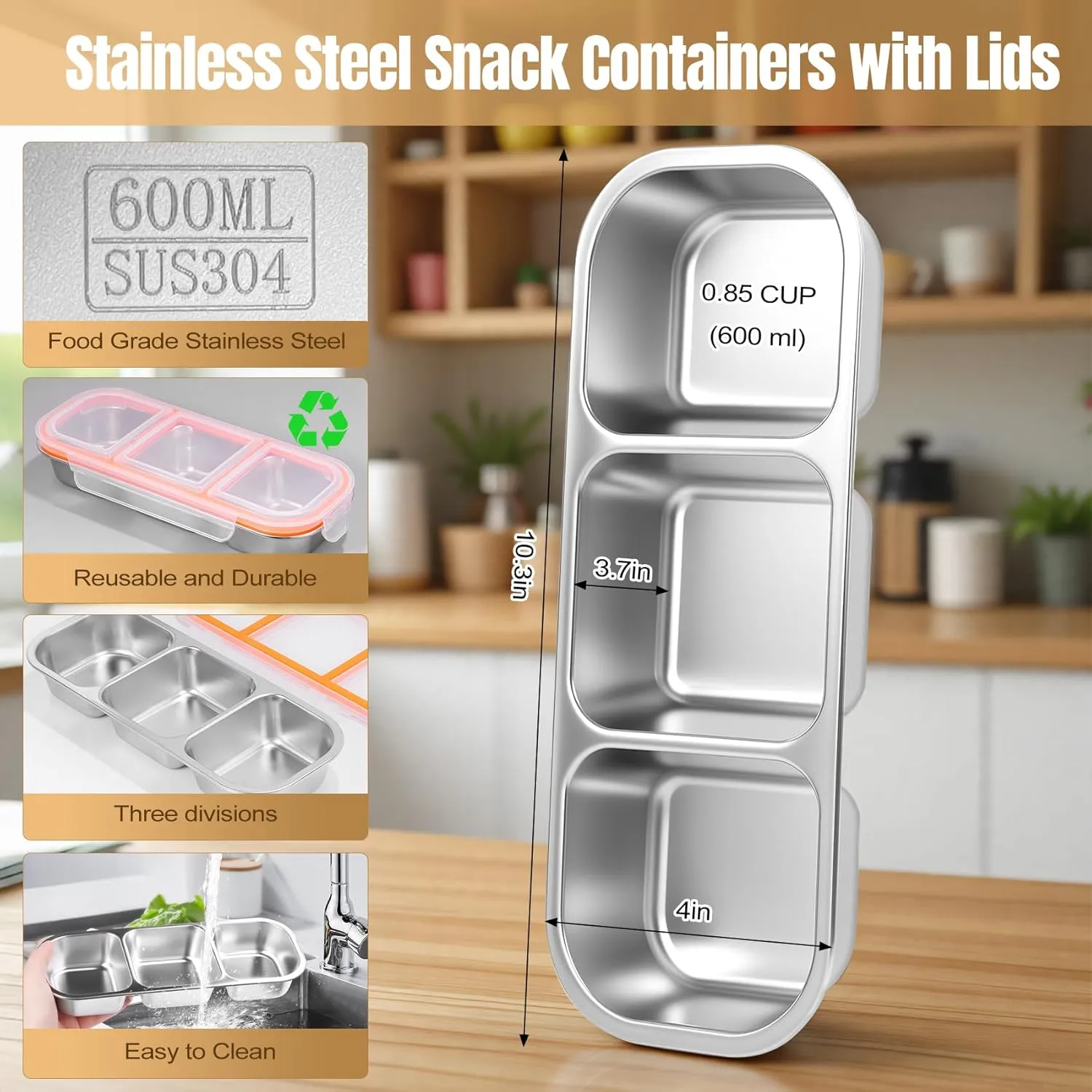 Stainless Steel Snack Containers - Reusable 3 Compartment Condiment Box with Lids for Kids Adults, Grab and Go Divided Snack Food Storage Containers Sauce Cups for School, Travel