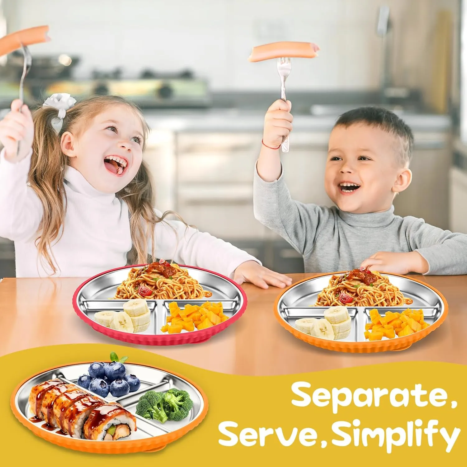 Stainless Steel Toddler Plates with Suction, 2Pack 9" Divided Kids Plates Removable Non Slip Silicone Sleeves Baby Feeding Led Weaning Supplies, BPA Free, Unbreakable Dishwasher Safe