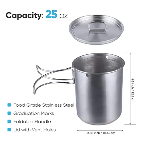 Stainless Steel Water Bottle w/ Nested Camping Cup & Lid for Bug Out Bag