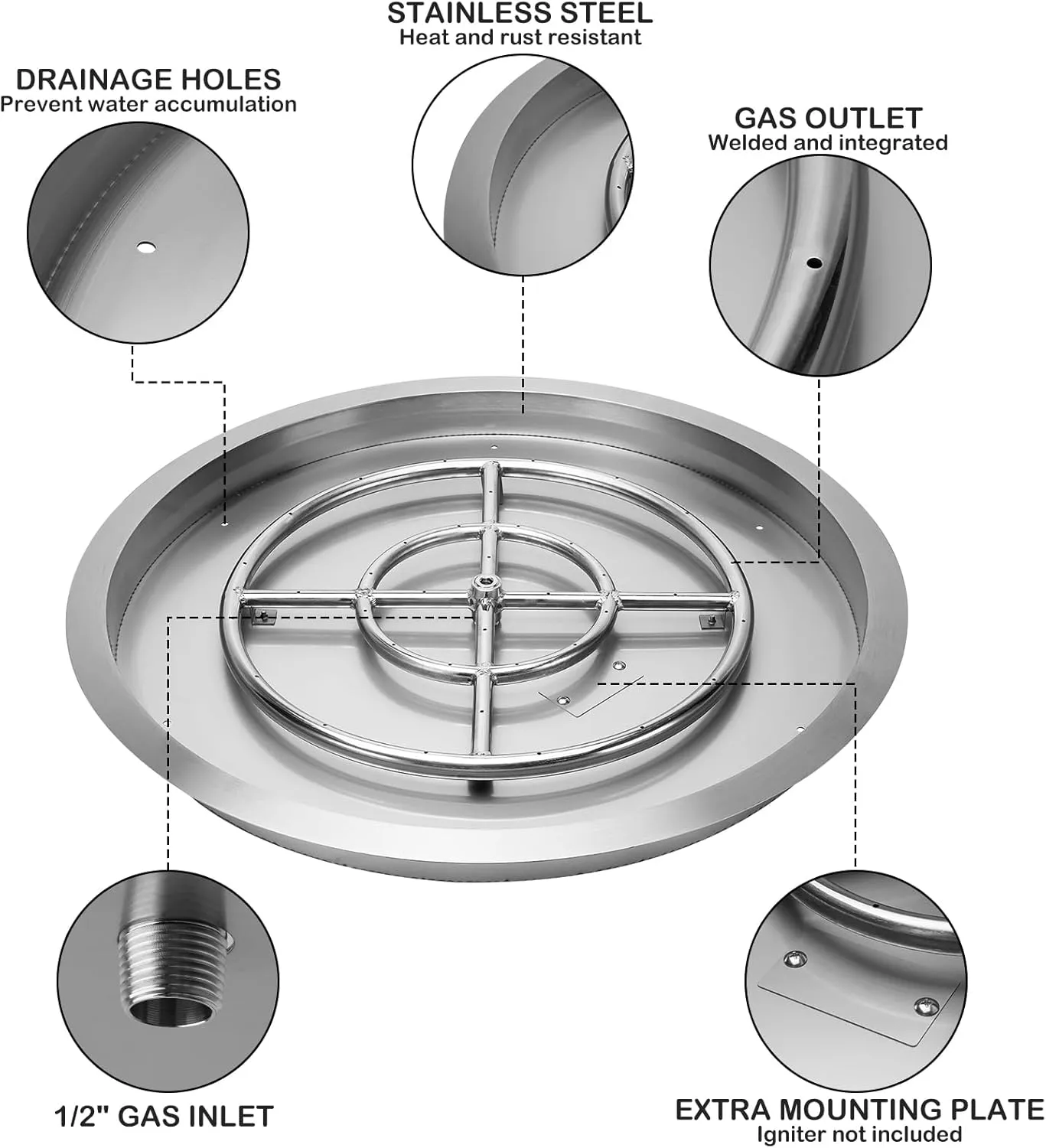 Stanbroil 19 Inch Round Drop-in Fire Pit Pan with Spark Ignition Kit, Propane Gas Version, Rated for up to 92,000 BTU’s