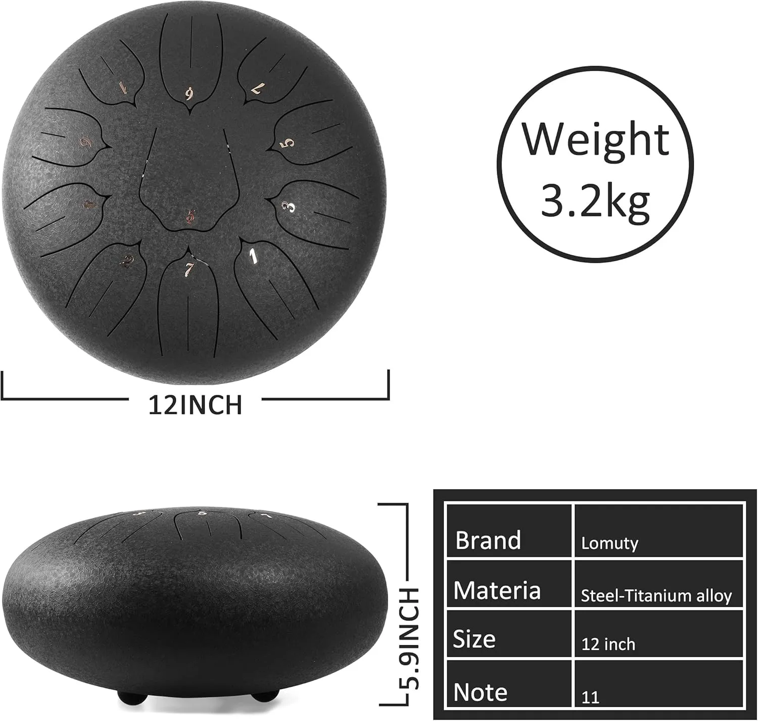 Steel Tongue Drum 12 Inch 11 Notes for Adults - Ethereal Metal Instrument for Meditation & Yoga with Music Book, Mallets & Carry Bag (Black)