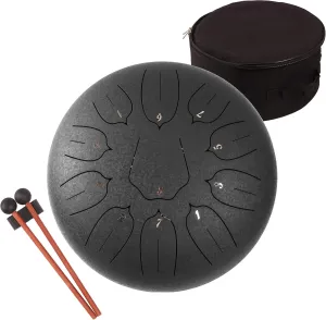 Steel Tongue Drum 12 Inch 11 Notes for Adults - Ethereal Metal Instrument for Meditation & Yoga with Music Book, Mallets & Carry Bag (Black)