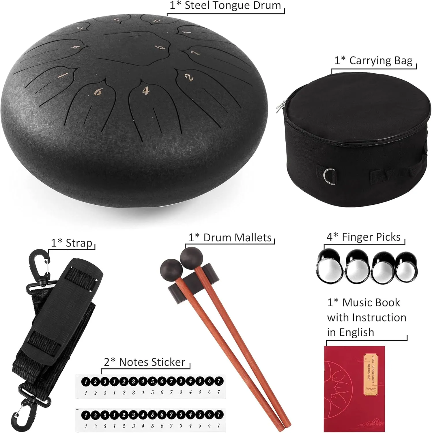 Steel Tongue Drum 12 Inch 11 Notes for Adults - Ethereal Metal Instrument for Meditation & Yoga with Music Book, Mallets & Carry Bag (Black)